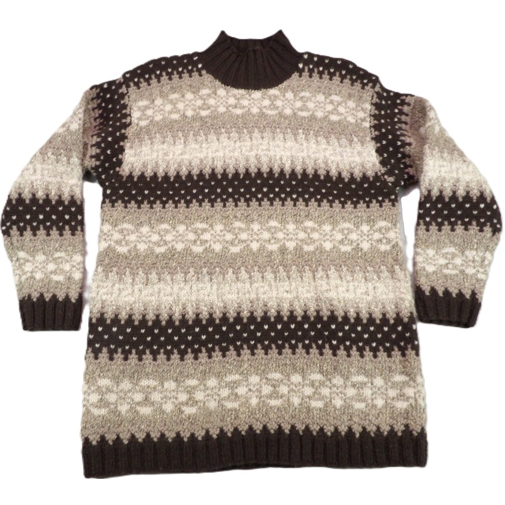 VTG Jones New York Sport Fair Isle Sweater Women S Brown Wool Mock Neck Ski Knit